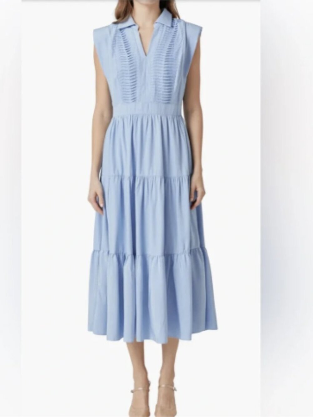 Endless Rose Light Blue Collared Sleeveless Pintuck Tiered Midi Dress XS